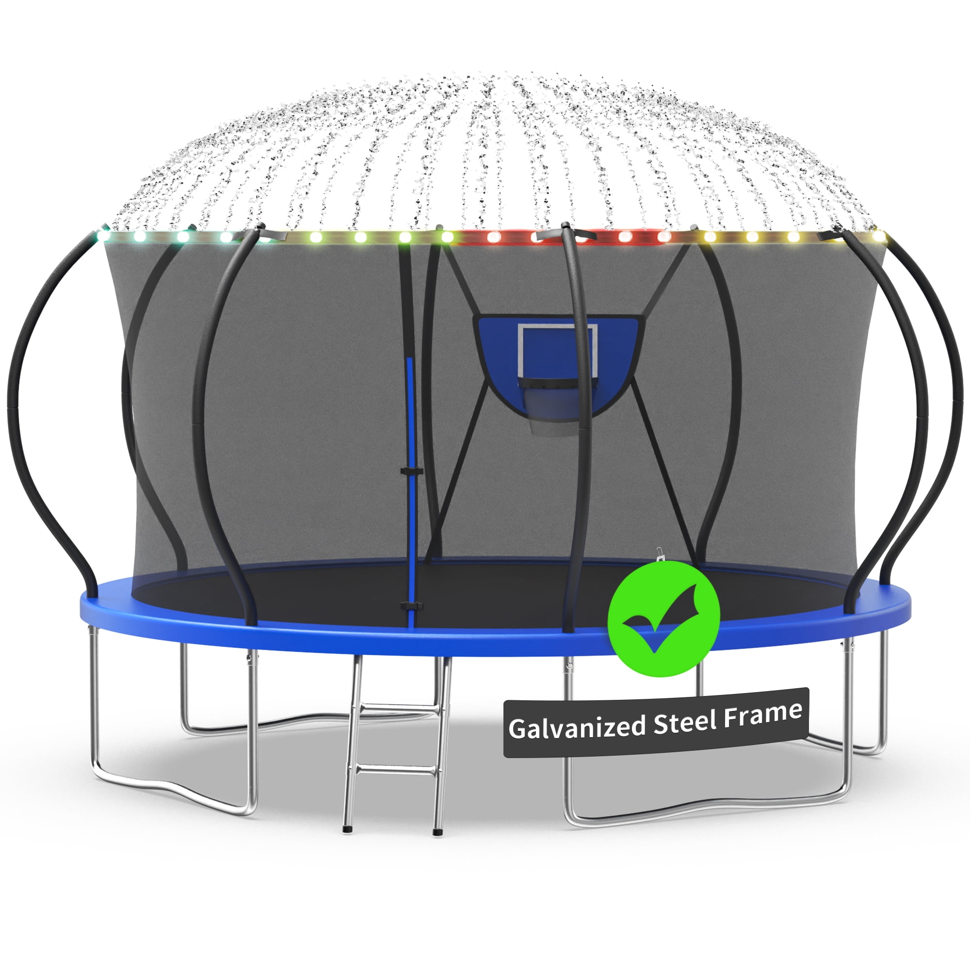 Kacho Trampoline, Trampoline with Enclosure Net 12FT 1200LBS Trampoline for 2-3 Kids and 1-2 Adults, Trampoline with Basketball Hoop, Ladder, Ball, Light, Sprinkler, Heavy Duty Trampoline, Blue