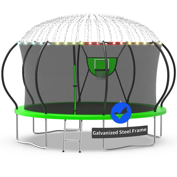 Kacho Trampoline, Trampoline with Enclosure Net 12FT 1200LBS Trampoline for 2-3 Kids and 1-2 Adults, Trampoline with Basketball Hoop, Ladder, Ball, Light, Sprinkler, Heavy Duty Trampoline, Green