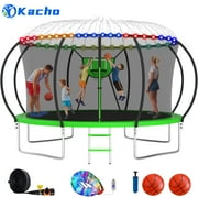 Kacho Trampoline, Trampoline with Enclosure Net 14FT 1400LBS Trampoline for 3-4 Kids and 2-3 Adults, Trampoline with Basketball Hoop, Ladder, 2 Ball, Light, Sprinkler, Heavy Duty Trampoline, Green