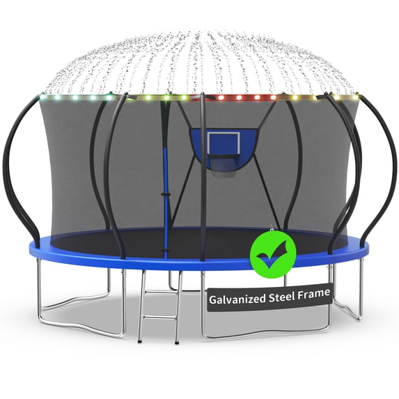 Kacho Trampoline, Trampoline with Enclosure Net 14FT 1400LBS Trampoline for 3-4 Kids and 2-3 Adults, Trampoline with Basketball Hoop, Ladder, Ball, Light, Sprinkler, Heavy Duty Trampoline, Blue