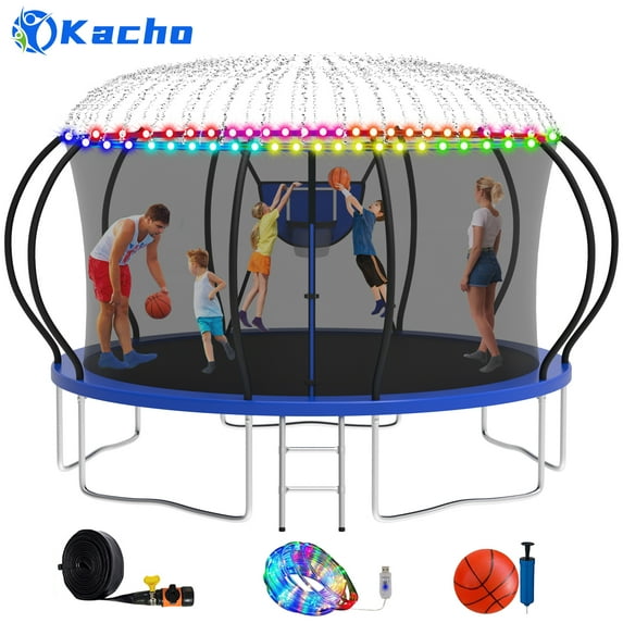 Kacho Trampoline, Trampoline with Enclosure Net 14FT 1400LBS Trampoline for 3-4 Kids and 2-3 Adults, Trampoline with Basketball Hoop, Ladder, Ball, Light, Sprinkler, Heavy Duty Trampoline, Blue