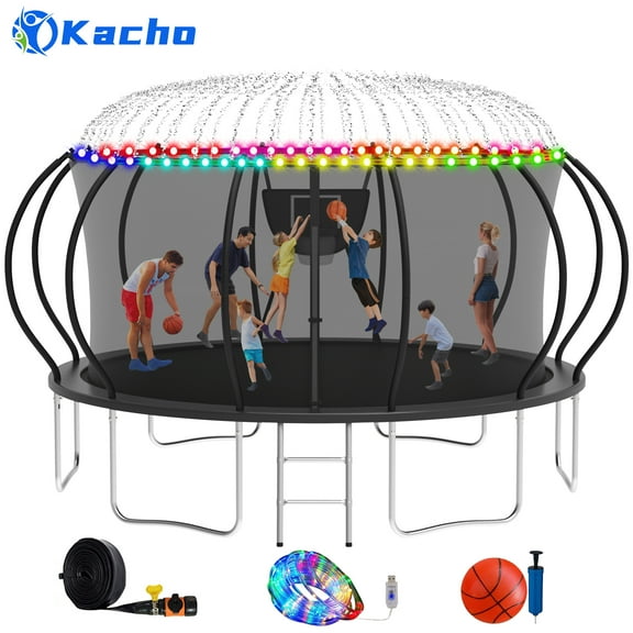 Kacho Trampoline, Trampoline with Enclosure Net 16FT 1500LBS Trampoline for 4-5 Kids and 3-4 Adults, Trampoline with Basketball Hoop, Ladder, Ball, Light, Sprinkler, Heavy Duty Trampoline, Black