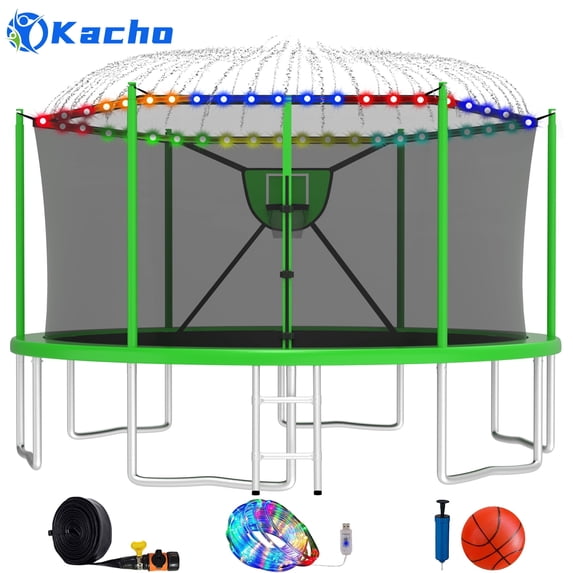 Kacho Trampoline, 16FT 1500LBS Trampoline for 5-6 Kids and 3-4 Adults, Outdoor Trampoline with Enclosure Net, Basketball Hoop, Ball, Light, Sprinkler, No Gap Design Backyard Trampoline, Green