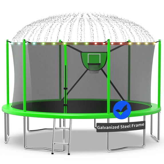 Kacho Trampoline, 16FT 1500LBS Trampoline for 5-6 Kids and 3-4 Adults, Outdoor Trampoline with Enclosure Net, Basketball Hoop, Ball, Light, Sprinkler, No Gap Design Backyard Trampoline, Green