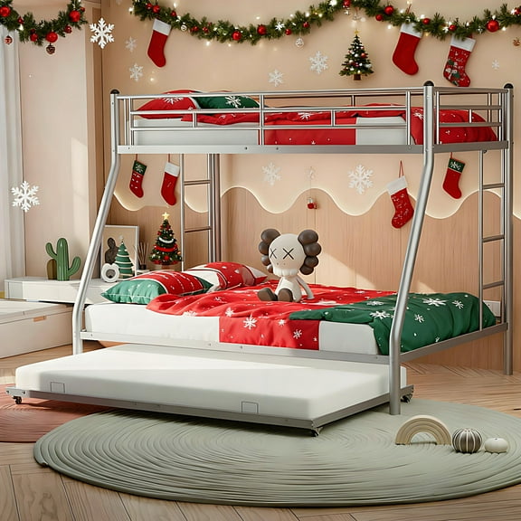 Kacho Twin over Full Bunk Bed with Trundle, Metal Bunk Bed with Sturdy Frame, Bunk Bed for , Metal Bunk Bed for Teens, for Dormitory Bedroom, No Spring Box Required, Silver