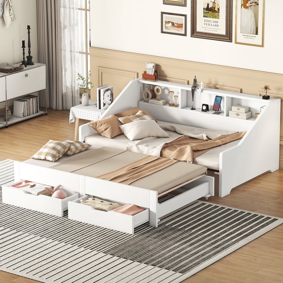 Kacho Twin to King Size Daybed Frame with Storage Bookcases, 2 Drawers, and Charging Design, Wooden Daybed with Built-in Bookshelves for Teens, Captain Bed, Easy Assembly, White