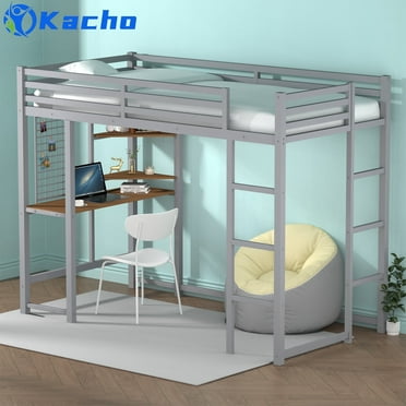 Kacho Twin Loft Bed with Desk, Metal Loft Bed for Kids Adults, Heavy Duty Loft Bed with 2 Side Ladders and Full-Length Guardrail, Noise-Free, No Box Spring Needed, Space Saving for Bedroom, Silver