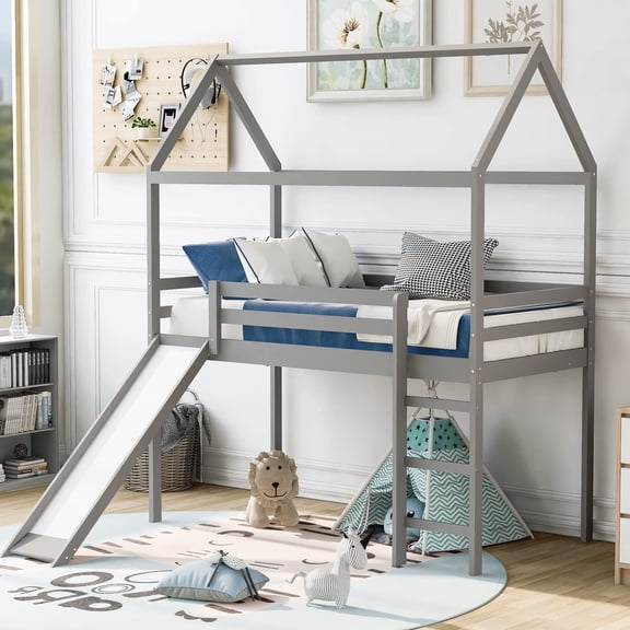 Kacho Twin Loft Bed with Slide for Loft Bed, Wood House Bed with Roof, Solid Wood Loft Bed with Full-Length Safety Guardrails Ladders, House Loft Bed for Bedroom Dormitory, Gray