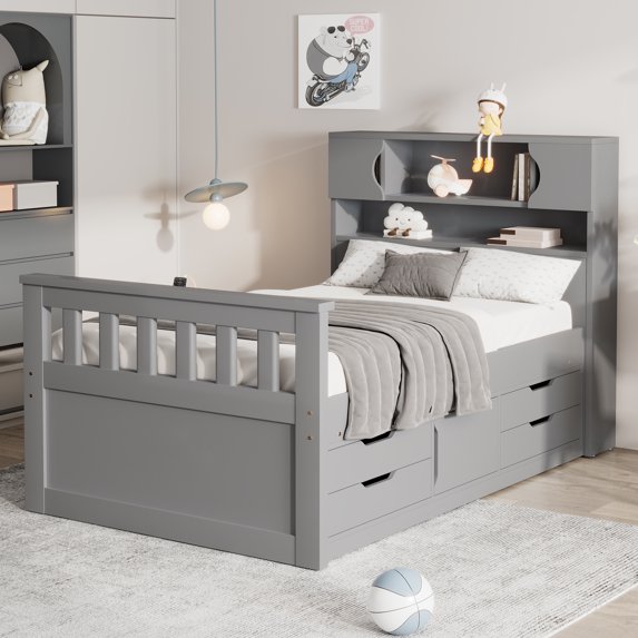 Kacho Twin Platform Bed, Twin Size Captain Platform Bed Frame with Storage Bookcases and Shelves,Four Drawers, No Box Spring Needed, Easy Assembly, Noise Free, Gray