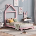 thumbnail image 1 of Kacho Twin Size Kids Bed with House-Shaped Headboard, Toddler Floor Bed with Solid Wood Slats, Twin Platform Bed Frame for Girls Boys, Wood Twin Bedframe, No Box Spring Needed, Pink, 1 of 7