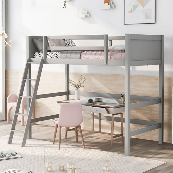 Kacho Twin Size Loft Bed with Ladder, Solid Wood Bedframe, Solid Wood Loft Bed Twin Frame with Full-Length Guardrails for Adults, Teens, No Box Spring Needed, Gray