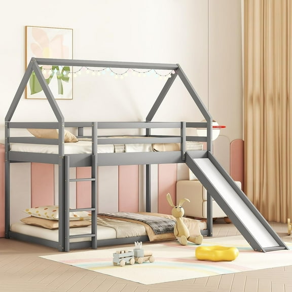 Kacho Twin over Twin Bunk Bed with Slide, House Shaped Wooden Bunkbed with Safety Guardrail and Ladder, No Box Spring Needed for Teens, Easy Assembly, Space-Saving, Gray