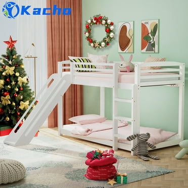 Kacho Twin over Twin Bunk Bed with Slide, Wood Bunk Bed for Kids Teens Adults, Twin Bunk Bed Frame with Convertible Slide and Ladder, Bunk Bed for Bedroom Dormitory, No Box Spring Needed, White