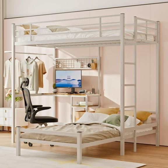 Kacho Twin Over Twin Bunk Bed with Desk, Metal Bunk Beds with Storage Drawers and Shelves, Space Saving Bunk Bed for Teens, Adult, Twin Bunk Bed with Guardrail and Ladder, No Box Spring Needed, White