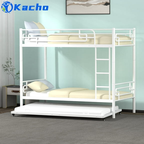Kacho Twin Over Twin Bunk Bed with Trundle, Metal Bunk Bed Frame for Teens, Bunk Bed with Safety Full-Length Guardrails, for Bedroom, Easy Assembly, No Box Spring Needed, White