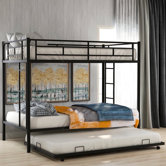 Kacho Twin over Twin Metal Bunk Bed with Trundle, Twin Metal Bedframe with Safety Guardrails and ladders, Bunk Beds forand Bunk Beds for Bedroom, Dorm, No Box Spring Required, Black