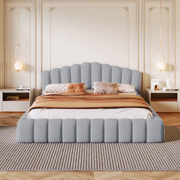 Kacho Velvet Upholstered Queen Bed Floor Bed Frame Shell-Shaped Headboard for Bedroom,No Box Spring Needed,Light Blue