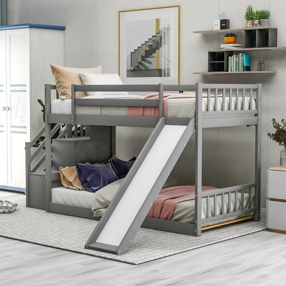 Kacho Wood Low Bunk Bed for Twin Over Twin Floor Bunk Bed with Slide and Stair, Stairway with Storage Shelves/Handrail, Space-Saving Bedroom Dormitory Furniture, Gray