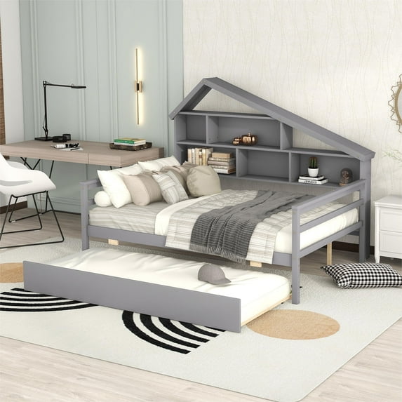 Kacho Wood Platform Bed for Full Size Platform Bed with Trundle and Shelves, Wood Platform Bed with Storage, Wood Bed with Platform, House Bed Shape Bedframe, Gray