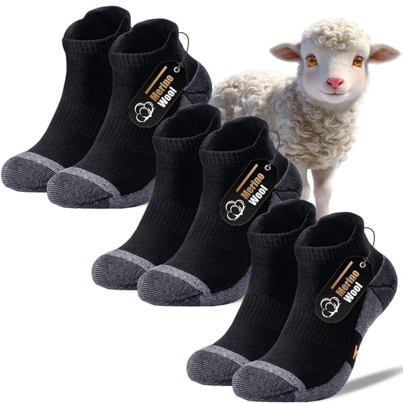 Kaciixaa Merino Wool Compression Support Ankle Running Hiking Socks for Men Women, Soft Thick Cushion Tab Socks 3 Pairs