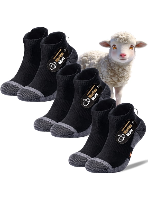 Merino Wool Compression Support Ankle Running Hiking Socks for Men Women, Soft Thick Cushion Tab Socks 3 Pairs