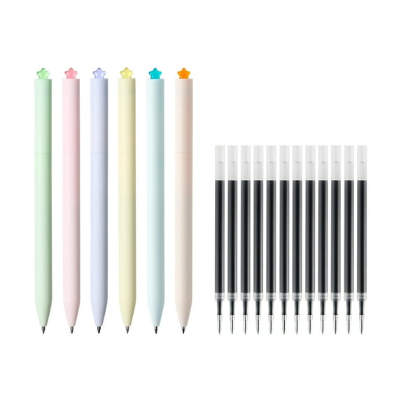 Kaco FIRST Gel Pens 6 Pieces with 12 Extra Refills, Cute Stationery Black Ink, 0.5 mm Fine Point, Aesthetic Cute Star Pens for Journaling