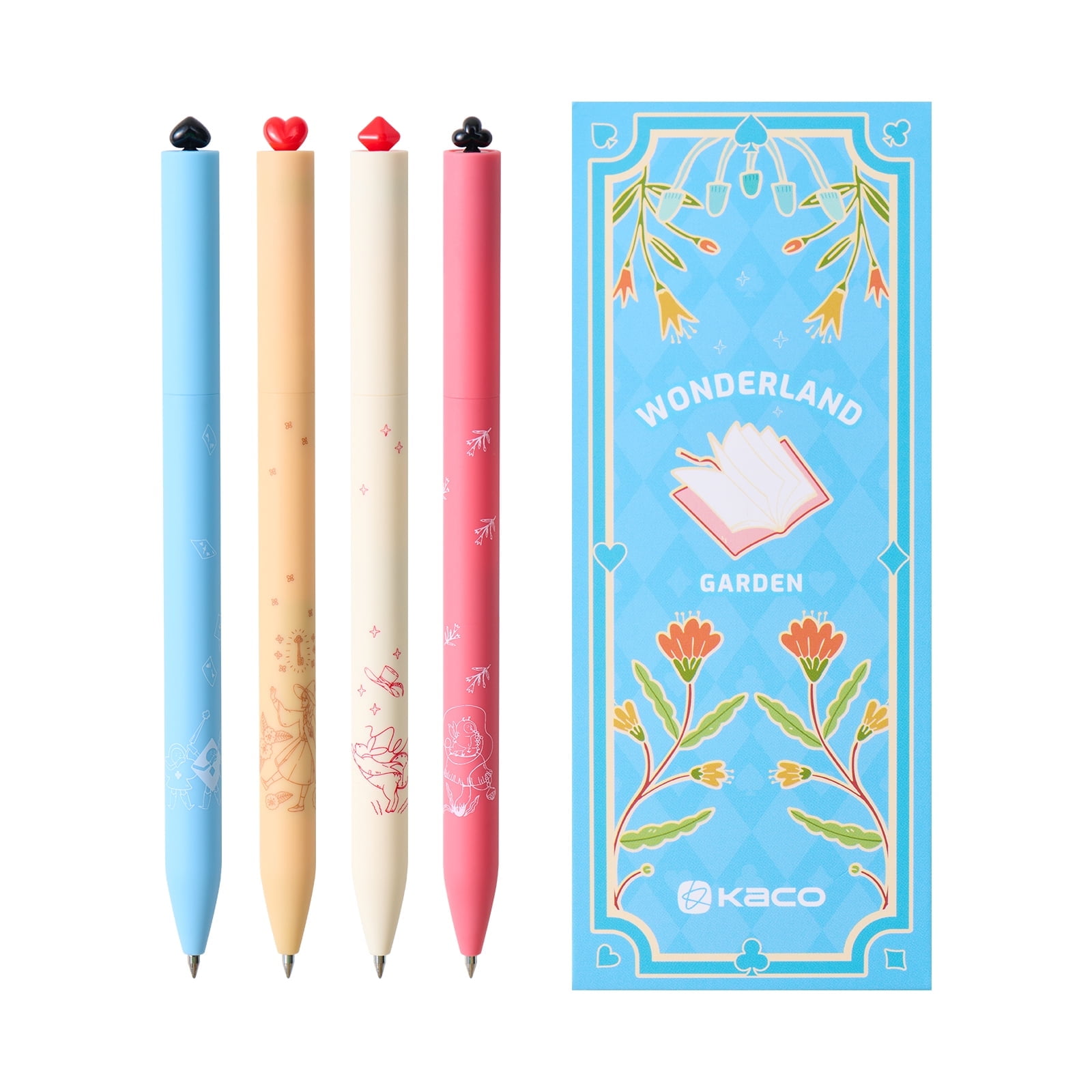 Kaco FIRST Gel Pens Cute Stationery Black Ink 4 Pieces Wonderland Garden Series, 0.5 mm Fine Point, Aesthetic Cute Pens for Journaling