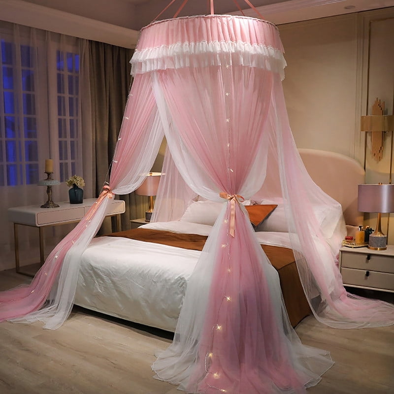 Kadahis Bed Canopy for Girls & Adults, Elegant Double Layer Bed Curtain Canopy Drapes, Round Dome Lace Princess Canopies Netting