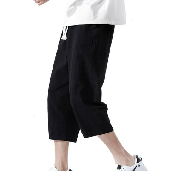 Kadahis Men's Casual Linen Capri Pants Drawstring Summer Beach Yoga Trousers