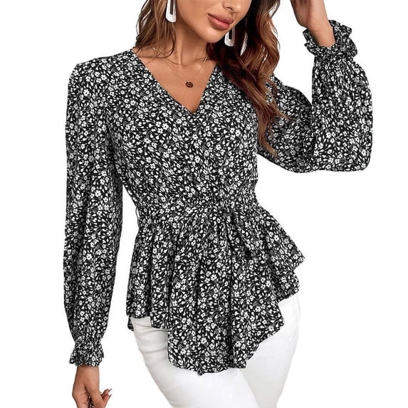 Kadahis Women Boho V Neck Shirts Floral Print Casual Tops Women Long Sleeve