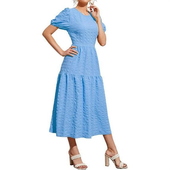 Kadahis Women Round Neck Short Sleeve Loose Shirt Dress Basic Maxi Dress Casual