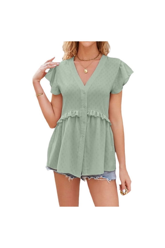 Women T Shirts Loose Casual Short Sleeve V Neck Top Lotus Leaf Sleeves Solid T-Shirt