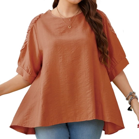 Kadahis Women's Plus Size Blouse Round Neck Work Ruffle half sleeve Tops