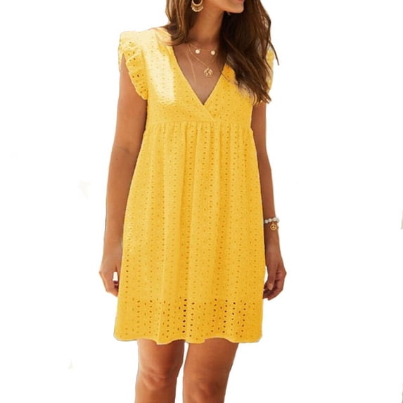 Kadahis Women's Summer Dresses V Neck 2023 Short Sleeve Casual Dress Swiss Dot Swing Flowy Ruffle Hem Mini Beach Summer Dresses