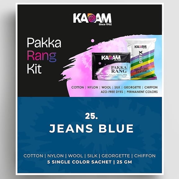 Kadam Pakka Rang Fabric Color Kit, Shade No.25 Jeans Blue | Permanent Colors for Jeans & Fabrics | Includes 5 Dye Sachets + 5 Fixers