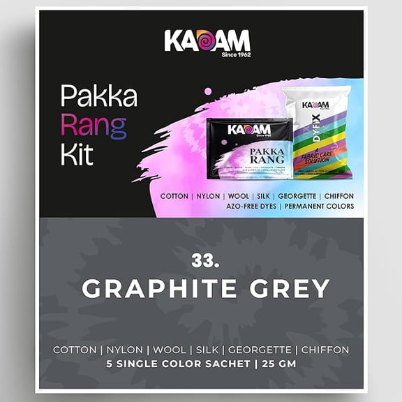 Kadam Pakka Rang Fabric Dye for Clothes Permanent | Shade No.33 Graphite Grey Fabric Dye Colour for Clothes | Dye for Faded Jeans | Included 5 sachets of Colour & 5 sachets of DyFix Color Fixer