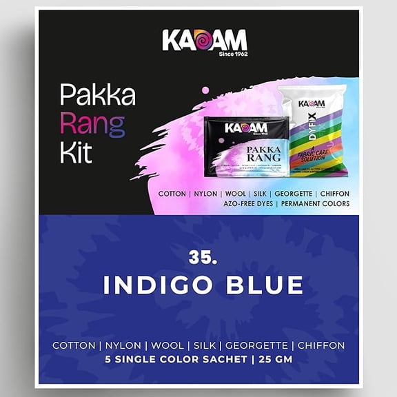 Kadam Pakka Rang Fabric Color Kit, Shade No.35 Indigo Blue | Permanent Colors for Jeans & Fabrics | Includes 5 Dye Sachets + 5 Fixers