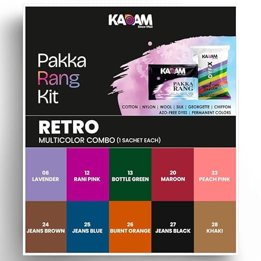 Kadam Pakka Rang Fabric Dye Permanent Multicolour Combo C3 Retro (Lavender,Rani Pink, Bottle Green, Maroon, Peach Pink, Jeans Brown, Blue, Burnt Orange, Black, Khaki)with DyFix Color Fixer
