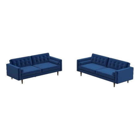 Kaden Mid-Century Pillow Back Velvet Sofa and Loveseat Set in Blue