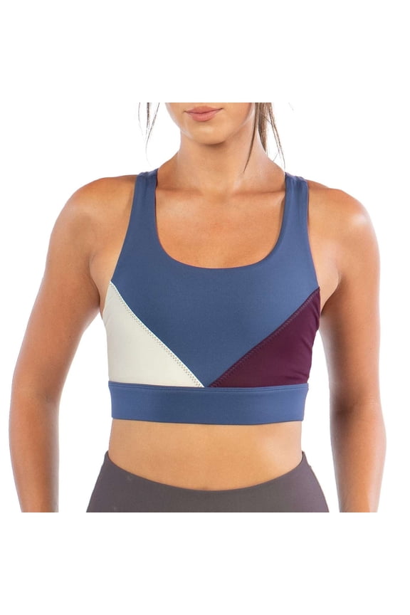 Women's Racerback Color Block Bra, Deep Cobalt/Butter Cream/Burgundy, X-Large