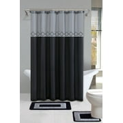 Kadir Black & Silver Diamond 15-Piece Bathroom Accessory Set 2 Bath Mats, Shower Curtain & 12 Fabric Covered Rings