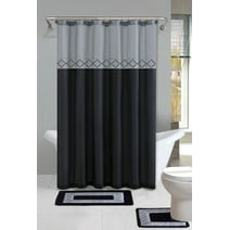 Kadir Black & Silver Diamond 15-Piece Bathroom Accessory Set: 2 Bath Mats, Shower Curtain & 12 Fabric Covered Rings