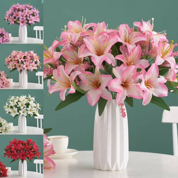 Kadlawus 2Pcs Artificial Lilies Bouquet for Home Decor, Plastic Decorative Flowers, Multi-Purpose Wedding Arrangement for Table, Vase, Party