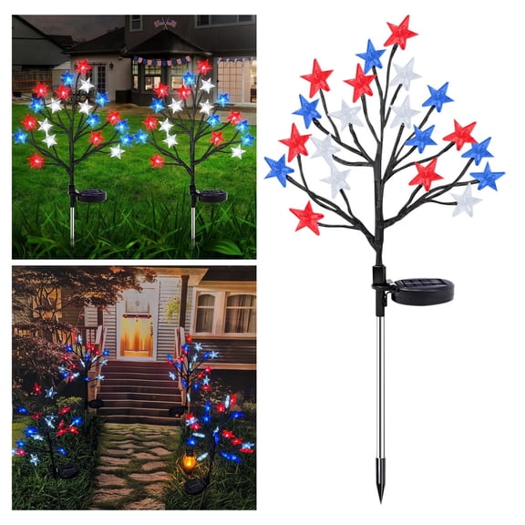 Kadlawus 2Pcs Independence Day Star Stake Lights for Lawn, Red White Blue Five-Pointed Star Tree Branch Lights, Solar Powered Decorative Light String for Garden, Patio, Holiday Atmosphere