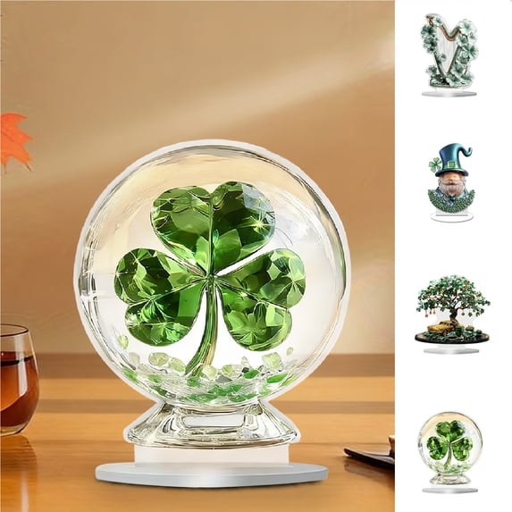 Kadlawus 4Pcs St. Patrick's Day Shamrock Decorations - Durable Acrylic Four Leaf Clover Flat Ornament for Mantel, Tabletop, Shelf, and Festive Home or Office Centerpiece