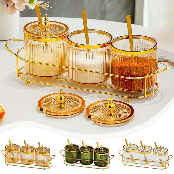 Kadlawus Under $5 ! 3 Compartment Seasoning Jar Set with Spoons Airtight Storage Container for Kitchen Countertop Spice Rack Organizer for Salt Pepper