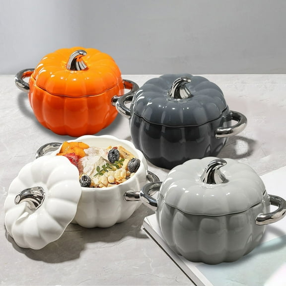 Kadlawus Under $5 ! Fall Pumpkin Soup Bowl with Lid and Handle Ceramic Ramekins for Baking Casserole Individual Severing Pot Decor Storage Jar for Home Thanksgiving Party