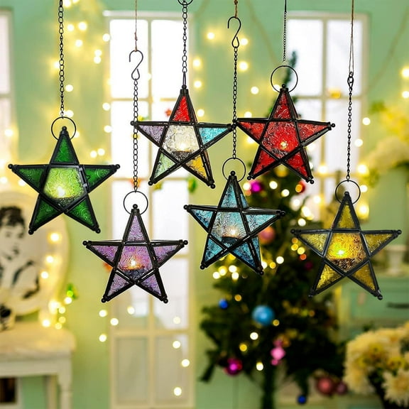 Kadlawus Under $5 ! Star Windproof Candle Holder Stained Glass Lantern Holiday Tabletop Wedding Home Decor Colorful Panels For Beautiful Light Reflection