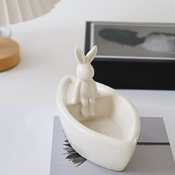 Kadlawus Ceramic Bunny Candle Stand Ornament, Vessel Shaped Aromatherapy Tray Decorative Figurine, Cute Tabletop Display for Home Office Gift