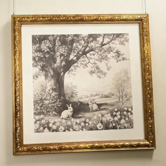 Kadlawus Easter Bunny Art Painting Decor, Framed Vintage Rabbit Print, Spring Floral Wall Art, Gold Frame Easter Centerpiece, Living Room Art, Farmhouse Wall Decor